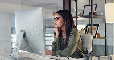 Buy stock photo Creative, reading and woman with computer, office and email marketing on web, online and copywriting. Editing, project and person with info for article, copywriter and research with technology or app