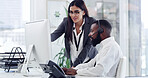 Headset, computer or staff with customer care in office, consulting or assistance for troubleshooting. Hotline, people or virtual assistant with manager for advice, help or teamwork for tech support