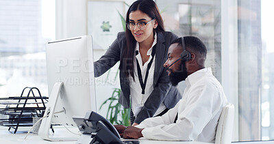 Buy stock photo Headset, computer or staff with customer care in office, consulting or assistance for troubleshooting. Hotline, people or virtual assistant with manager for advice, help or teamwork for tech support