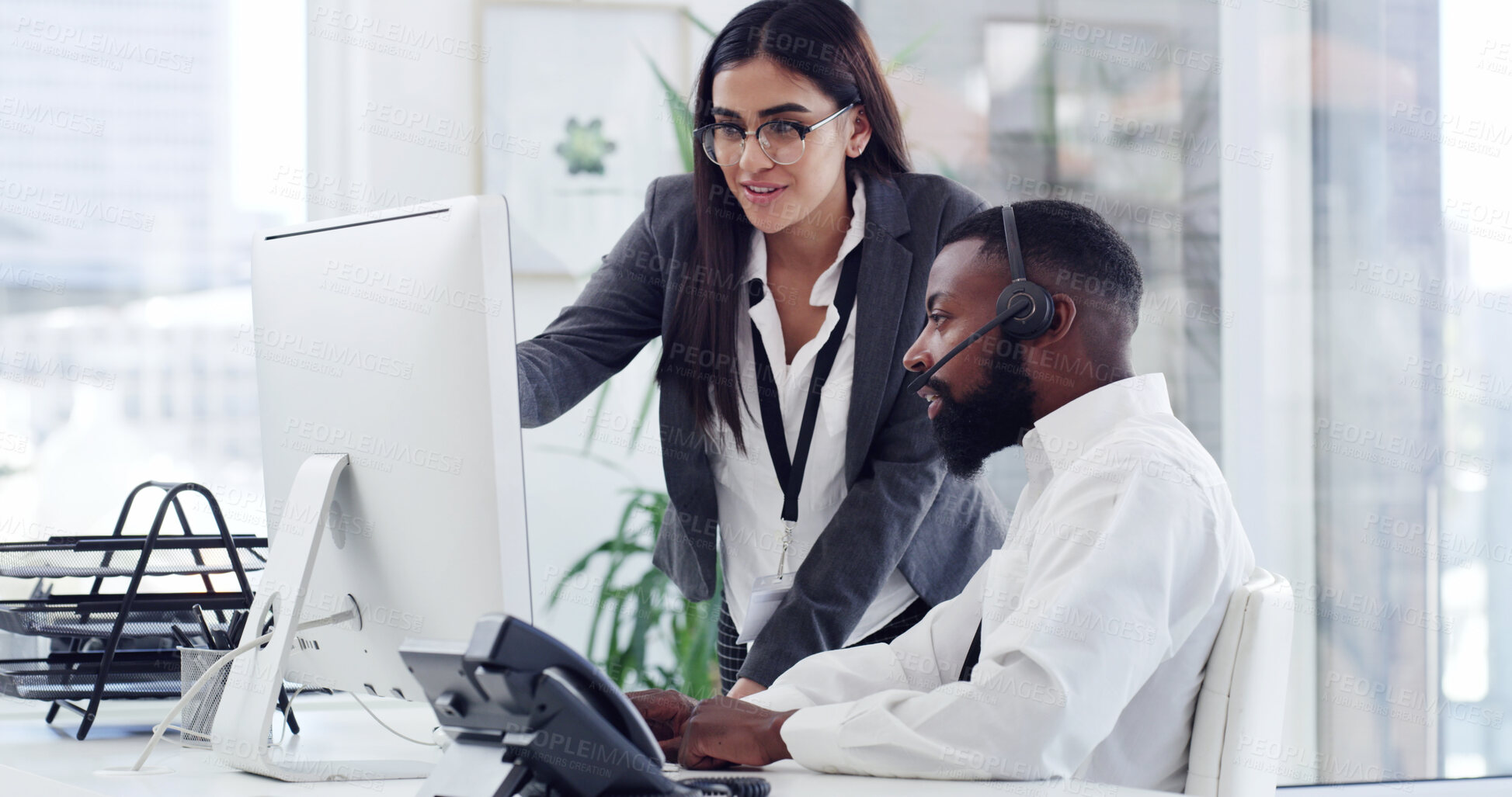 Buy stock photo Headset, computer or staff with customer care in office, consulting or assistance for troubleshooting. Hotline, people or virtual assistant with manager for advice, help or teamwork for tech support