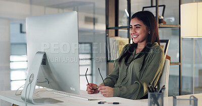 Buy stock photo Employee, reading and woman with computer, office and email marketing on web, happy and copywriting. Editing, project and person with info for article, copywriter and research with technology or app