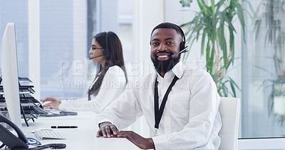 Buy stock photo Portrait, call center or man with headset for customer service, professional or confident for help desk. Coworking, tech support or virtual assistant with smile for telemarketing, pride or contact us