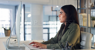 Buy stock photo Employee, typing and woman with computer, office and email marketing on web, reading and copywriting. Editing, project and person with info for article, copywriter and research with technology or app