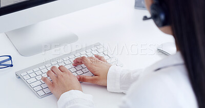 Buy stock photo Hands, call center and woman typing on keyboard for customer service, software feedback or help desk. Person, hotline and agent with computer for IT support, virtual communication or email response