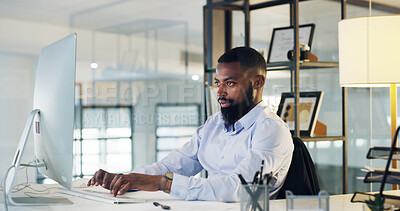 Buy stock photo Reading, businessman or typing with computer in office,   financial research or review trends for forecasting. Economy model, writing proposal or advisor with planning, risk management or investment