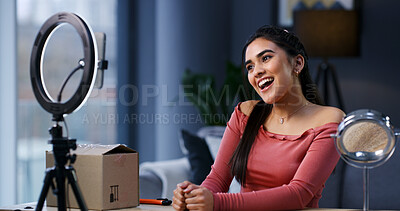 Buy stock photo Girl, influencer and happy with ring light in home for unboxing, product review and phone for web show. Person, content creator and talk with audience, package or mobile app for social media at house