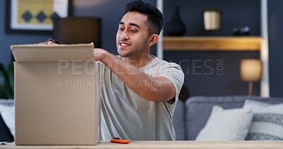 Buy stock photo Opening, happy and man with box in home for ecommerce package, courier service and delivery. Apartment, unpacking and person with parcel for online shopping, order and shipping in living room