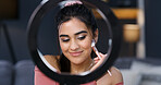 Makeup brush, happy woman and influencer with ring light for beauty, live streaming or tutorial. Cosmetics, apply foundation and person recording video for aesthetic, glow or broadcast change in home