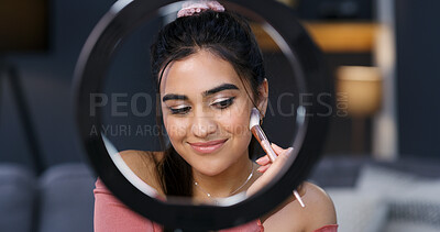 Buy stock photo Makeup brush, happy woman and influencer with ring light for beauty, live streaming or tutorial. Cosmetics, apply foundation and person recording video for aesthetic, glow or broadcast change in home