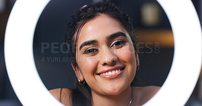 Buy stock photo Beauty, woman and ring light for live streaming, skincare and aesthetic for broadcast in home. Portrait, cosmetic influencer and streamer with smile, face glow and POV with content creator for shine