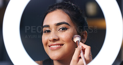 Buy stock photo Makeup brush, woman and ring light for broadcast, beauty and live streaming for tutorial in home. Apply foundation, cosmetic influencer and happy person with face glow, POV and portrait for makeover