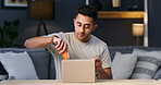 Open, cutting and man with box in home for ecommerce package, courier service and delivery. House, unpacking and person with cutter for parcel for online shopping, order and shipping in living room