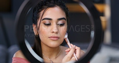 Buy stock photo Makeup brush, woman and ring light for live streaming, beauty and tutorial for broadcast in home. Apply foundation, cosmetic influencer and aesthetic glow, shine and content creator with tips