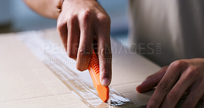 Buy stock photo Opening, hands and man with box cutter in home for ecommerce package, courier service and delivery. Apartment, unpacking and person with parcel for online shopping, order and shipping in living room