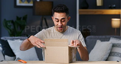 Buy stock photo Surprise, delivery or happy man with box for gift, package and smile or shock for courier service in home. Unboxing, wow and person excited with mail, parcel or cargo for present in living room
