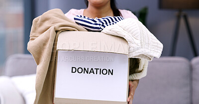 Buy stock photo Donation, clothes and hands of person with box in home for for charity, giveaway and welfare. House, living room and woman with parcel, package and collection for clothing, garment and fabric