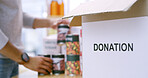 Food, donation and box with hands of person for community service, humanitarian outreach and ngo project. Charity, grocery and hunger relief aid with volunteer and parcel for non profit organization