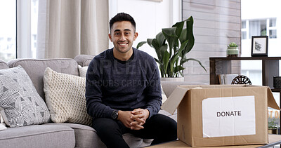 Buy stock photo Happy man, portrait or sofa with box for donation, charity or free giveaway equipment in home. Male person, volunteer or smile with package to donate for community service, change or humanitarian aid
