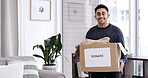 Happy man, portrait or box with donation for charity, welfare or free giveaway equipment in home. Male person, volunteer or smile with package to donate for community service or humanitarian aid