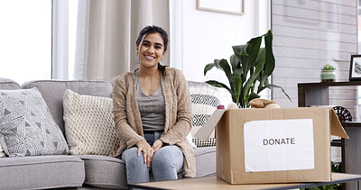Buy stock photo Happy woman, portrait or sofa with box for donation, charity or free giveaway or outreach in home. Female person, volunteer or smile with package to donate for community service or humanitarian aid