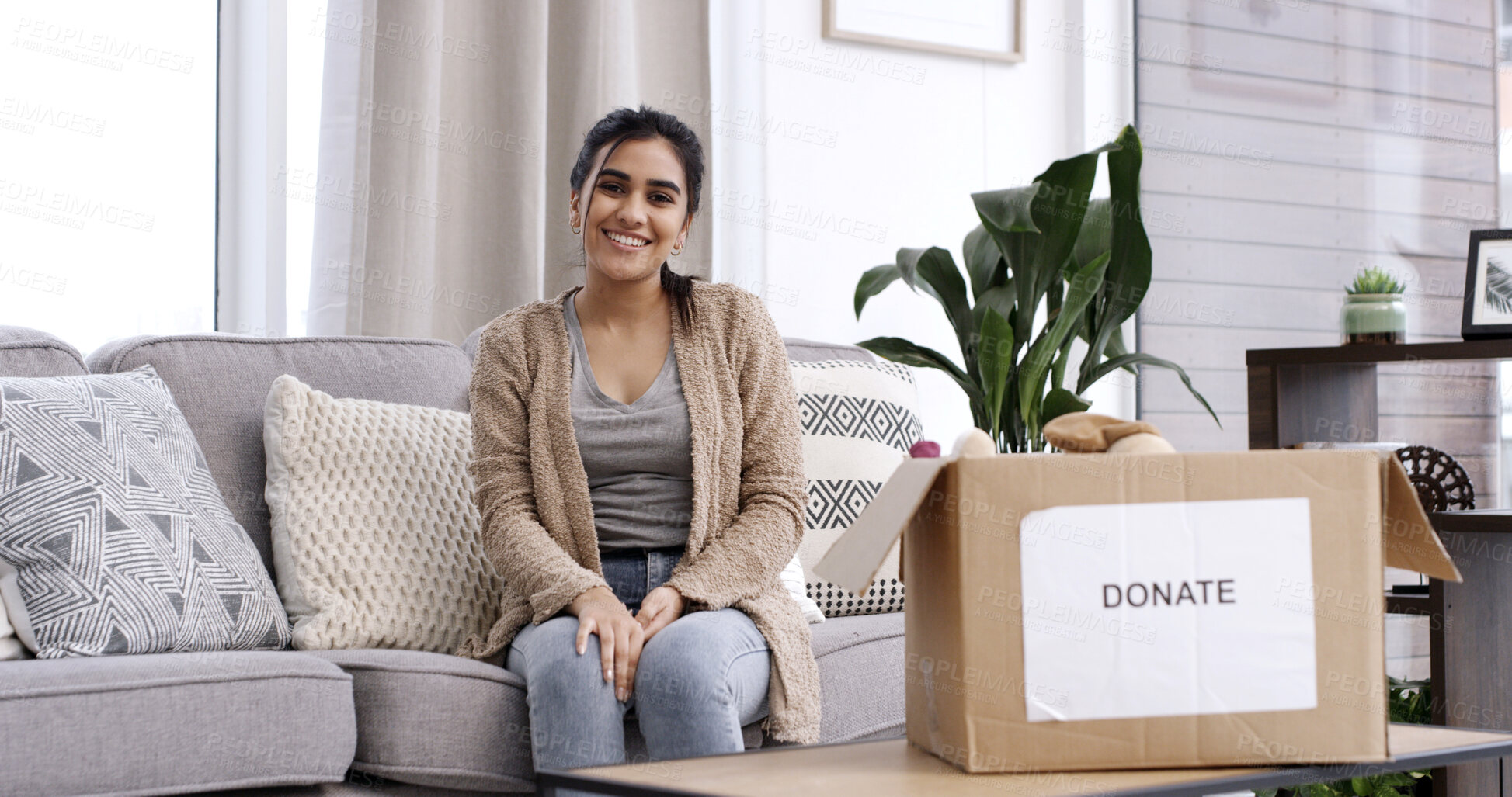 Buy stock photo Happy woman, portrait or sofa with box for donation, charity or free giveaway or outreach in home. Female person, volunteer or smile with package to donate for community service or humanitarian aid