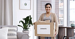 Happy woman, portrait or box with donation for charity, welfare or free giveaway equipment in home. Female person, volunteer or smile with package to donate for community service or humanitarian aid