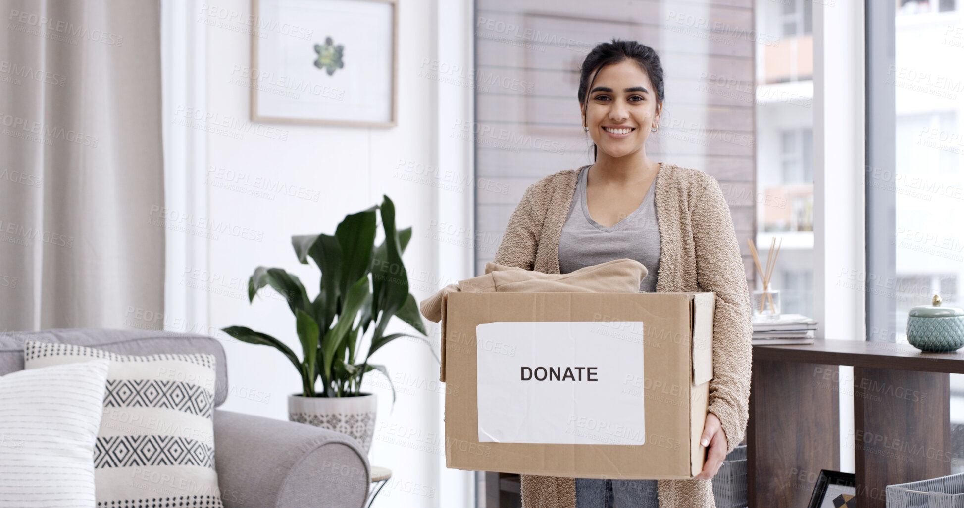 Buy stock photo Happy woman, portrait or box with donation for charity, welfare outreach or free giveaway in home. Female person, volunteer or smile with package to donate for community service or humanitarian aid
