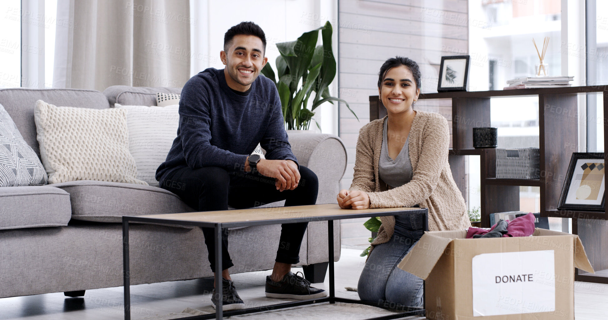 Buy stock photo Happy couple, portrait or box with donation for charity, welfare or free giveaway parcel in home. Man, woman or volunteer with smile or package to donate for community service or humanitarian aid