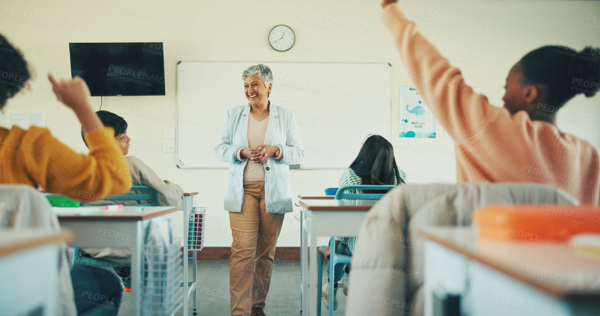 Buy stock photo Education, students and woman in classroom, questions and conversation with knowledge. Discussion, educator and people with child development, learning and teaching with assessment, studying and help