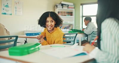 Buy stock photo Cheating, exam and education with girl in classroom for essay plagiarism, quiz answers and gossip. Secret, academic pressure and study risk with children in school for scholarship and test help