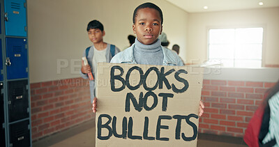 Buy stock photo Portrait, education and boy with sign, protest and serious with placard, activism and voice. Learning, student and child in hallway, human rights mission or banner to promote equality or poster