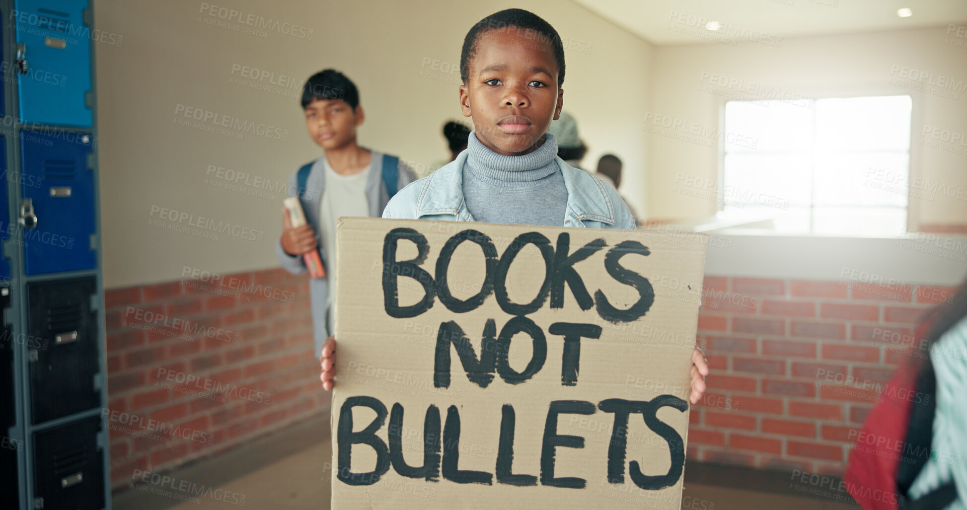 Buy stock photo Portrait, education and boy with sign, protest and serious with placard, activism and voice. Learning, student and child in hallway, human rights mission or banner to promote equality or poster
