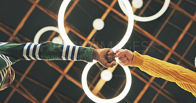 Buy stock photo Fist bump, friends or kids with celebration for teamwork, partnership or education support for learning. Scholarship goal, success or students collaboration for knowledge development, study or below