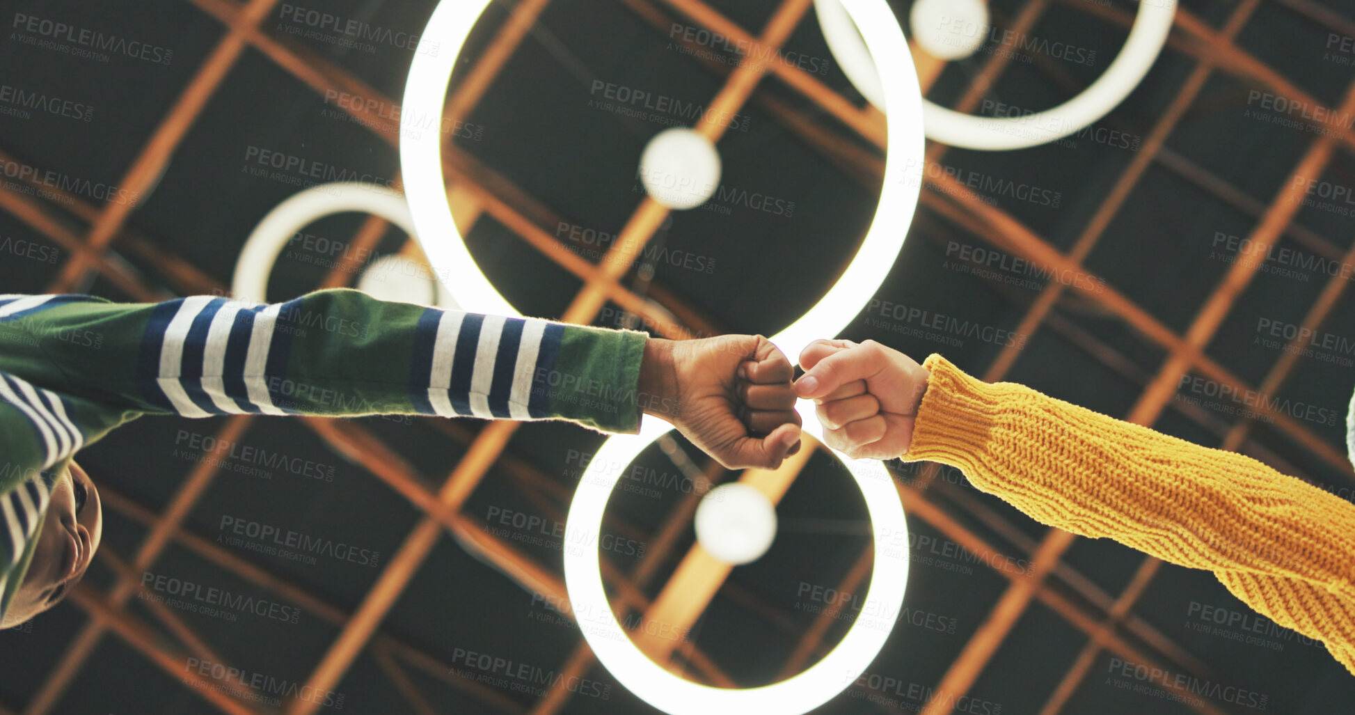 Buy stock photo Fist bump, friends or kids with celebration for teamwork, partnership or education support for learning. Scholarship goal, success or students collaboration for knowledge development, study or below