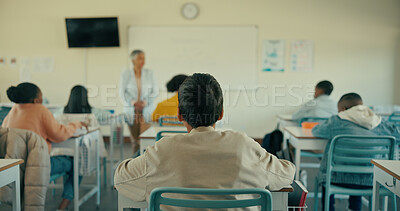 Buy stock photo Students, teacher and back view with classroom for education, learning or lession in school. Group, children or academic learners with instructor or educator for attention or interaction in class