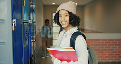 Buy stock photo Smile, education and portrait of girl at lockers for future, child development and knowledge. Studying, growth and academy with student in school campus for learning, course curriculum and books