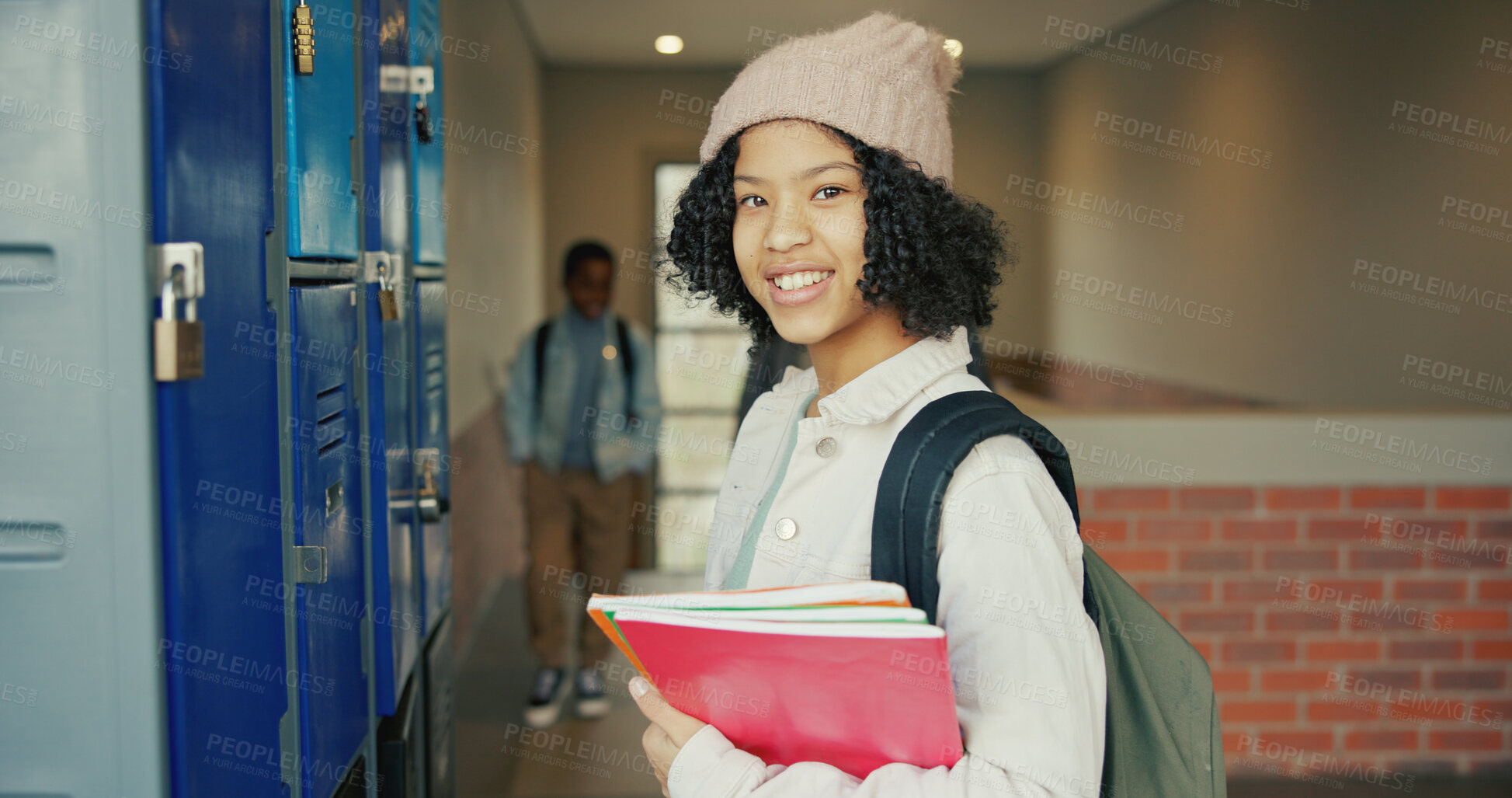 Buy stock photo Smile, education and portrait of girl at lockers for future, child development and knowledge. Studying, growth and academy with student in school campus for learning, course curriculum and books