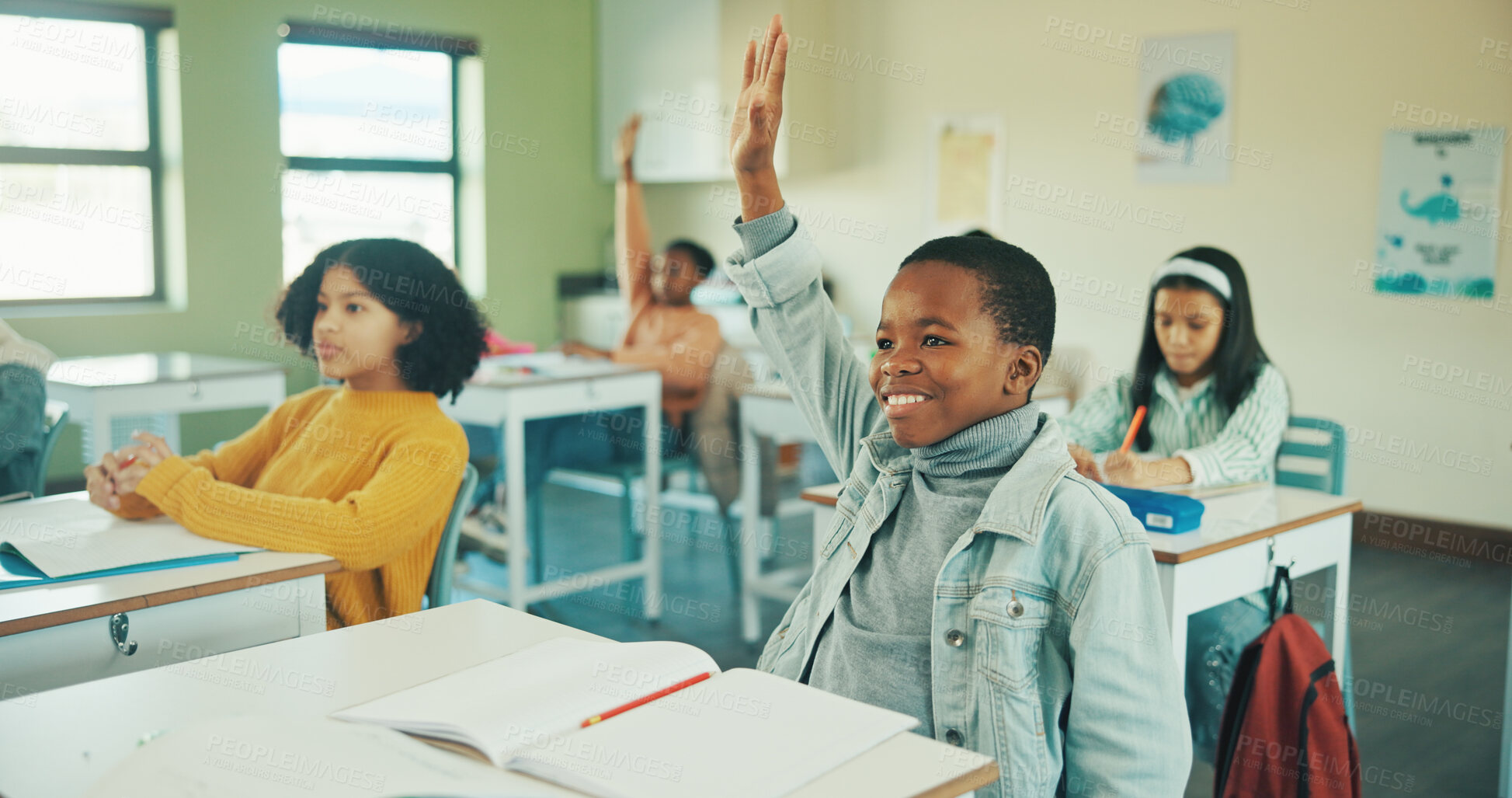 Buy stock photo Studying, raised hands and answer with child in classroom for student opinion, quiz discussion and attention. Course guidance, question and problem solving solution with kids in school for lesson
