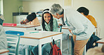 Advice, teacher and quiz with girl in classroom for student opinion, assessment feedback and attention. Course guidance, help and problem solving solution with children in school for lesson and study