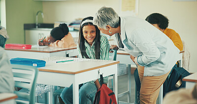 Buy stock photo Advice, teacher and quiz with girl in classroom for student opinion, assessment feedback or attention. Course guidance, portrait and problem solving solution with child in school for lesson and study