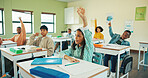 Education, raised hands and answer with children in classroom for student opinion, quiz discussion and attention. Course guidance, question and problem solving solution with kids in school for lesson