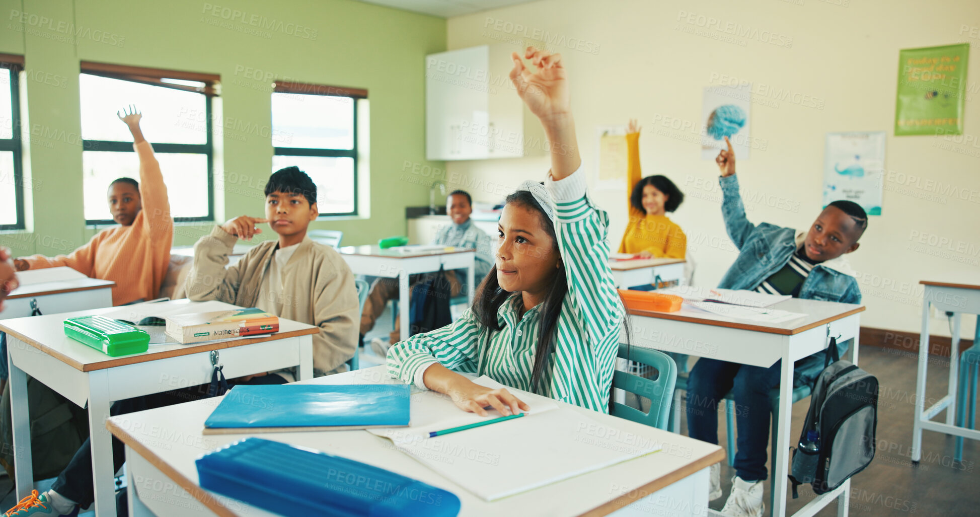 Buy stock photo Education, raised hands and answer with children in classroom for student opinion, quiz discussion and attention. Course guidance, question and problem solving solution with kids in school for lesson