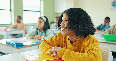 Buy stock photo Smile, education and listening with girl in classroom for lesson, child development and knowledge. Studying, happy and academy with student on school campus for learning, course curriculum and growth