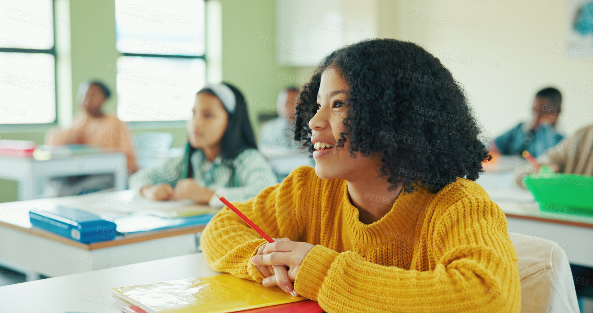 Buy stock photo Smile, education and listening with girl in classroom for lesson, child development and knowledge. Studying, happy and academy with student on school campus for learning, course curriculum and growth