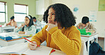Thinking, education and quiz with girl in classroom for idea, child development and knowledge. Studying, assessment and academy with student on school campus for problem solving, learning and exam