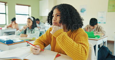 Buy stock photo Thinking, education and quiz with girl in classroom for idea, child development and knowledge. Studying, assessment and academy with student on school campus for problem solving, learning and exam