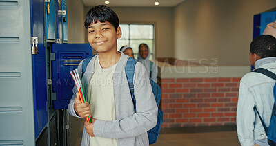 Buy stock photo Smile, education and portrait of boy at lockers for future, child development and knowledge. Studying, growth and academy with student in school campus for learning, course curriculum and books