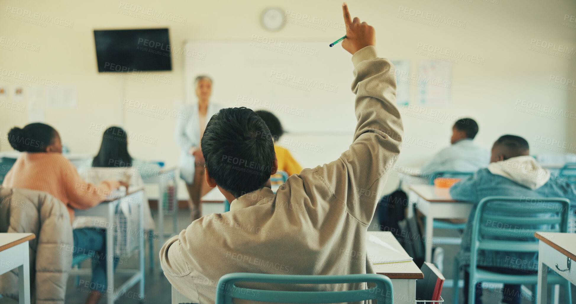Buy stock photo Learning, raised hands and answer with children in classroom for student opinion, quiz discussion and attention. Course guidance, question and problem solving solution with kids in school for lesson