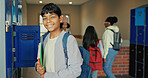 Happy, education and portrait of boy at lockers for future, child development and knowledge. Studying, growth and academy with student in school campus for learning, course curriculum and books