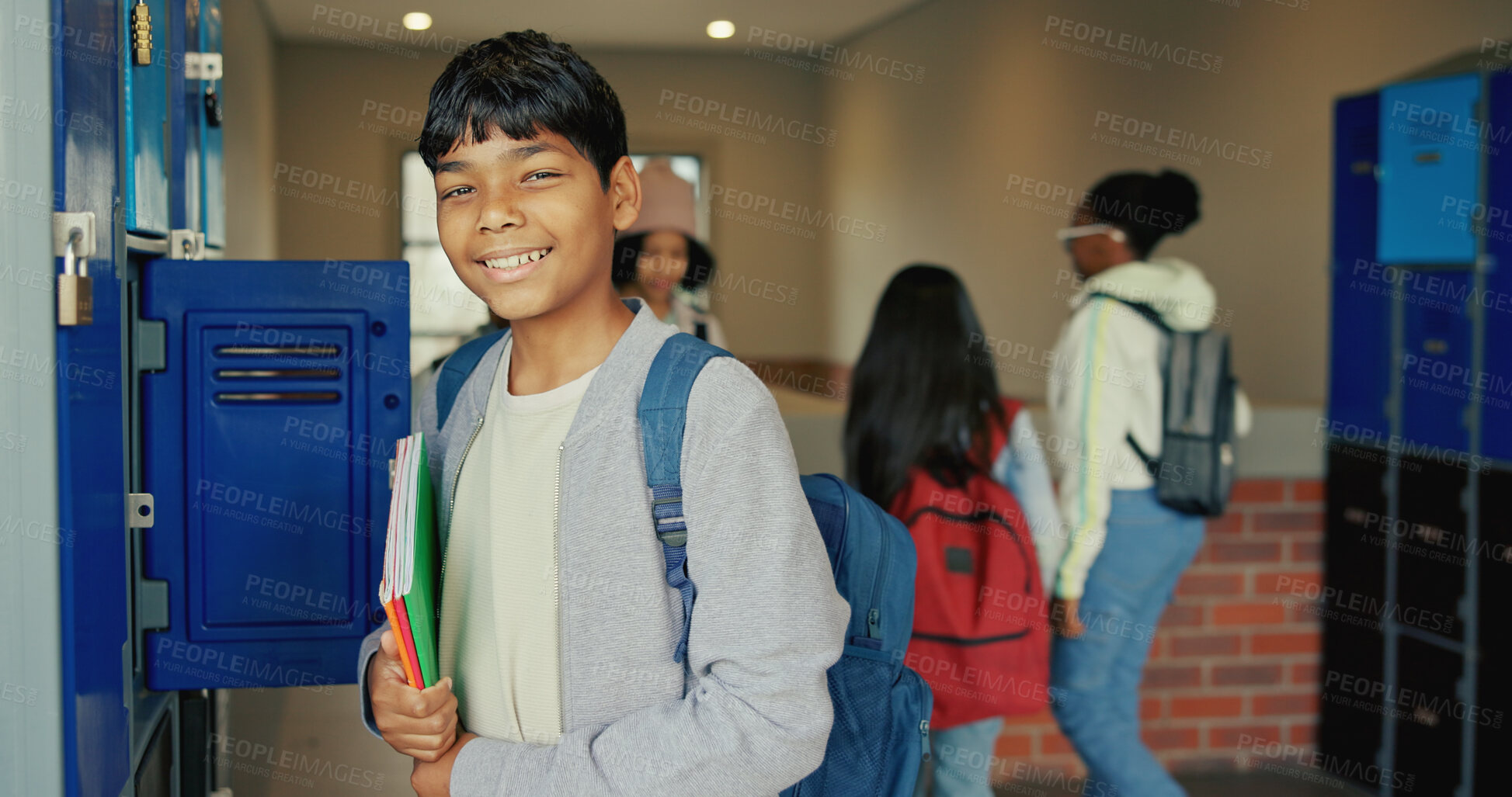Buy stock photo Happy, education and portrait of boy at lockers for future, child development and knowledge. Studying, growth and academy with student in school campus for learning, course curriculum and books